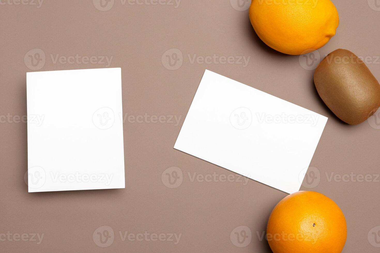 Card and White Paper Mockup Harmonized with Fresh Fruit, Crafting a Visual Symphony of Artful Design and Culinary Delight, Where Wholesome Ingredients Merge in a Feast of Vibrant Imagery photo