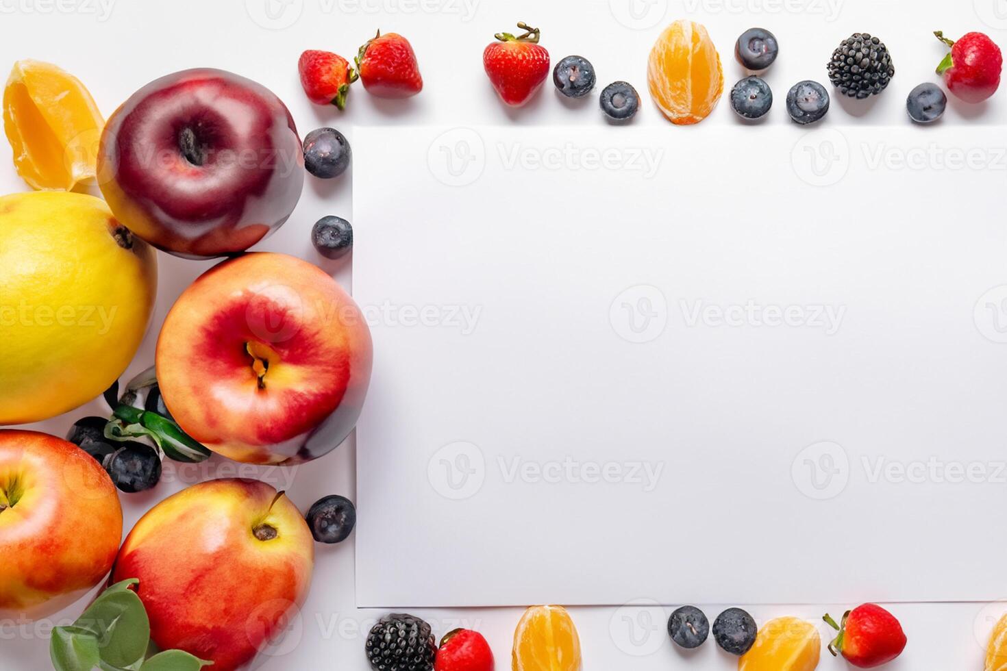 Card and White Paper Mockup Harmonized with Fresh Fruit, Crafting a Visual Symphony of Artful Design and Culinary Delight, Where Wholesome Ingredients Merge in a Feast of Vibrant Imagery photo