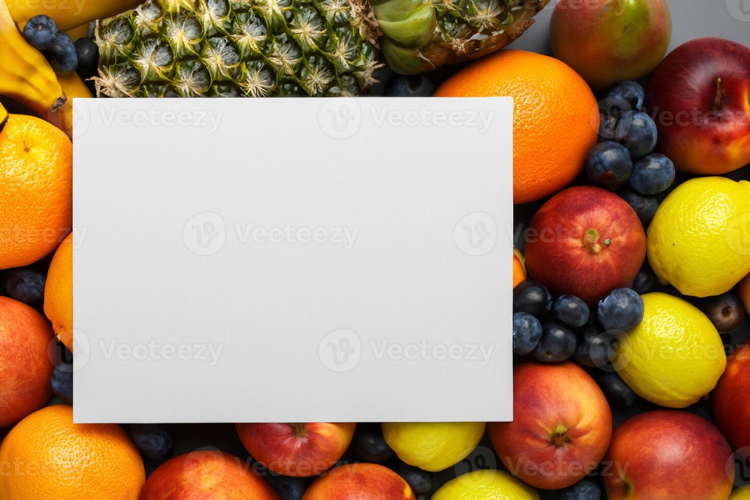 Card and White Paper Mockup Harmonized with Fresh Fruit, Crafting a Visual Symphony of Artful Design and Culinary Delight, Where Wholesome Ingredients Merge in a Feast of Vibrant Imagery photo