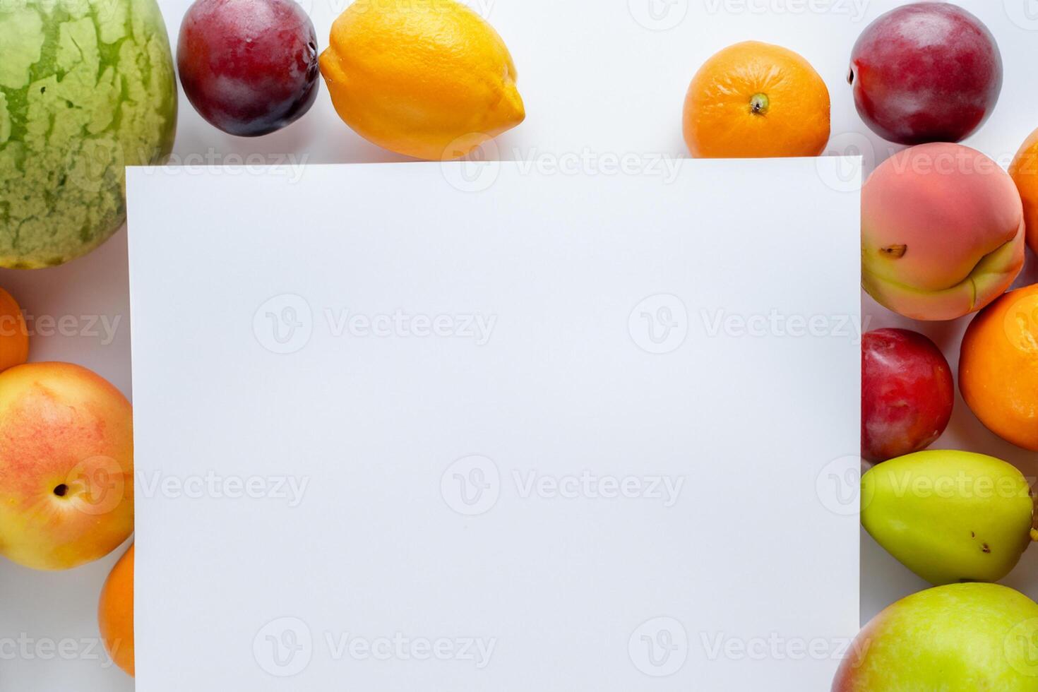 Card and White Paper Mockup Harmonized with Fresh Fruit, Crafting a Visual Symphony of Artful Design and Culinary Delight, Where Wholesome Ingredients Merge in a Feast of Vibrant Imagery photo