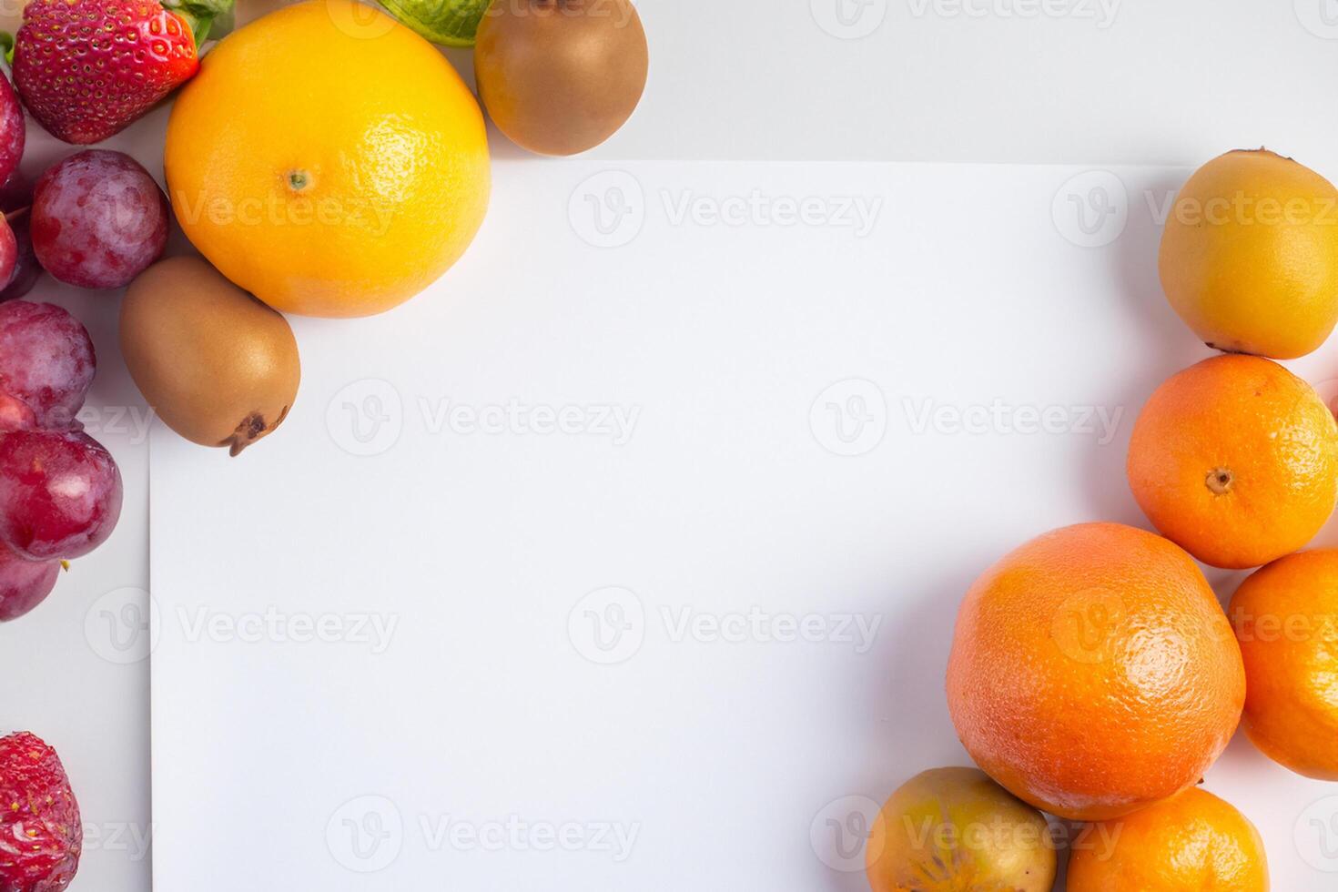 Card and White Paper Mockup Harmonized with Fresh Fruit, Crafting a Visual Symphony of Artful Design and Culinary Delight, Where Wholesome Ingredients Merge in a Feast of Vibrant Imagery photo