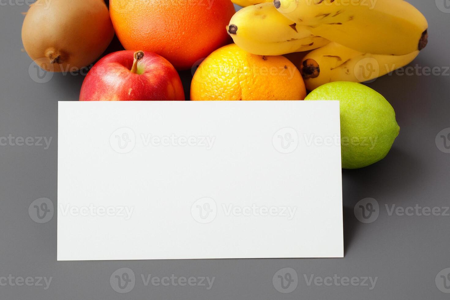 Card and White Paper Mockup Harmonized with Fresh Fruit, Crafting a Visual Symphony of Artful Design and Culinary Delight, Where Wholesome Ingredients Merge in a Feast of Vibrant Imagery photo