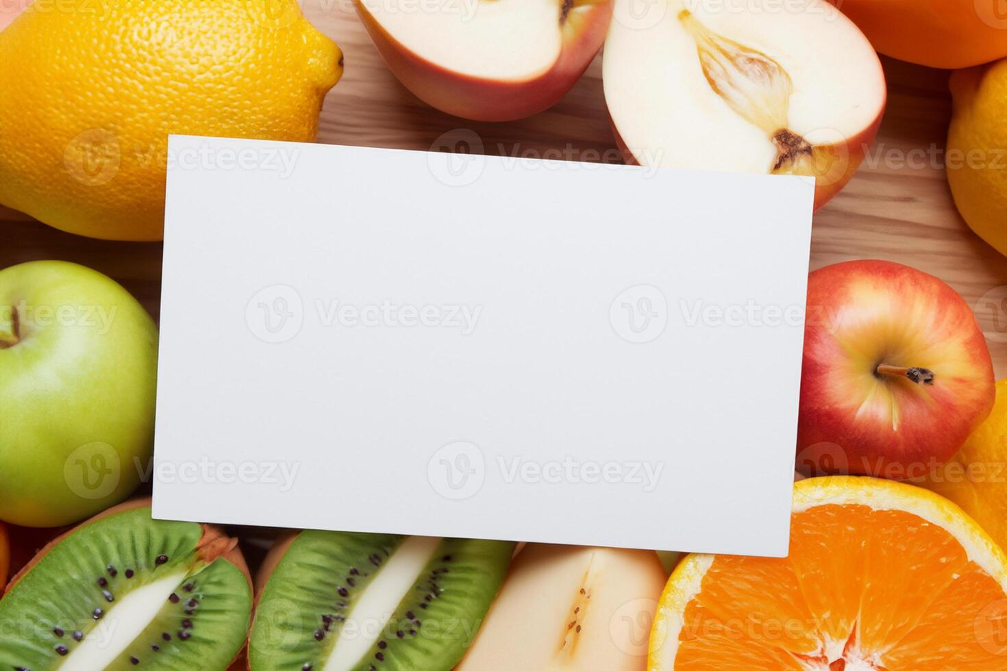 Card and White Paper Mockup Harmonized with Fresh Fruit, Crafting a Visual Symphony of Artful Design and Culinary Delight, Where Wholesome Ingredients Merge in a Feast of Vibrant Imagery photo