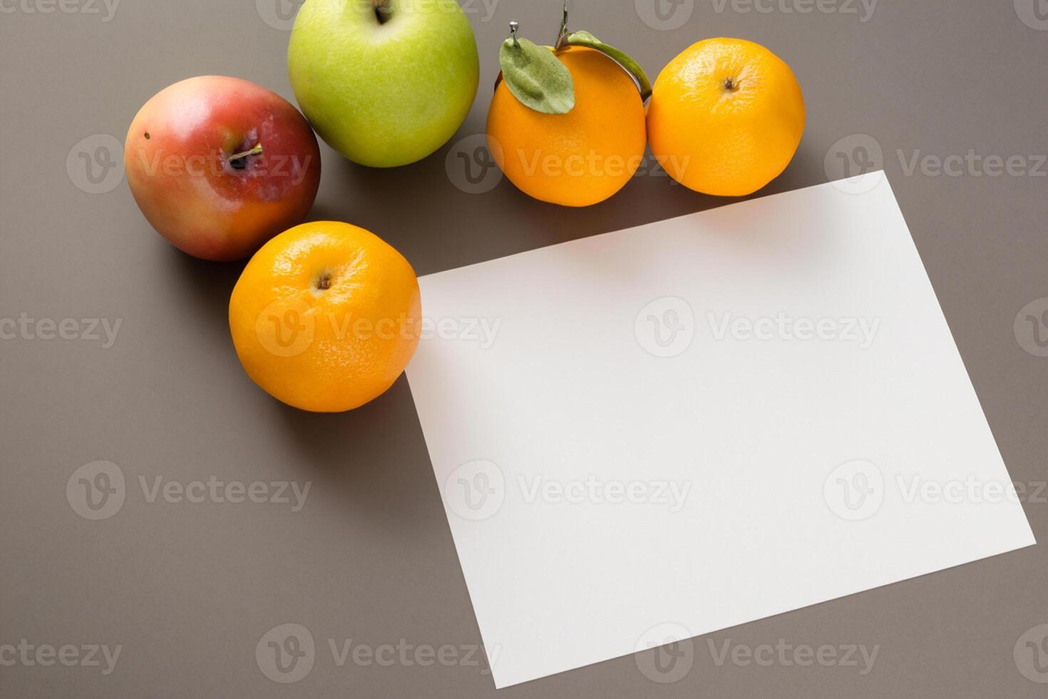 Card and White Paper Mockup Harmonized with Fresh Fruit, Crafting a Visual Symphony of Artful Design and Culinary Delight, Where Wholesome Ingredients Merge in a Feast of Vibrant Imagery photo