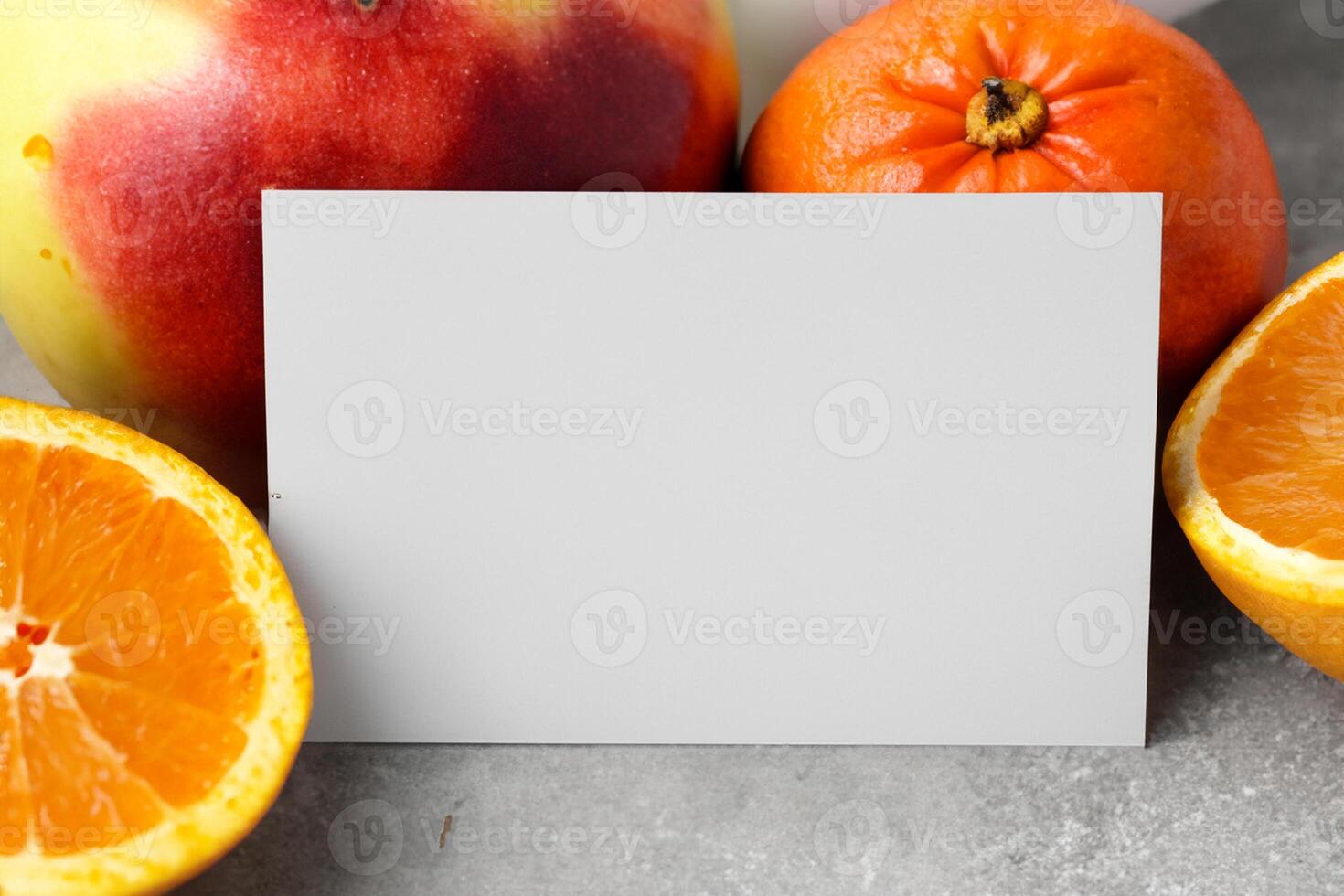 Card and White Paper Mockup Harmonized with Fresh Fruit, Crafting a Visual Symphony of Artful Design and Culinary Delight, Where Wholesome Ingredients Merge in a Feast of Vibrant Imagery photo