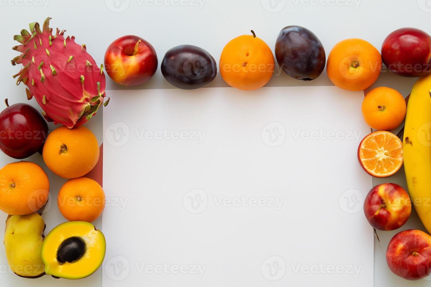 Card and White Paper Mockup Harmonized with Fresh Fruit, Crafting a Visual Symphony of Artful Design and Culinary Delight, Where Wholesome Ingredients Merge in a Feast of Vibrant Imagery photo