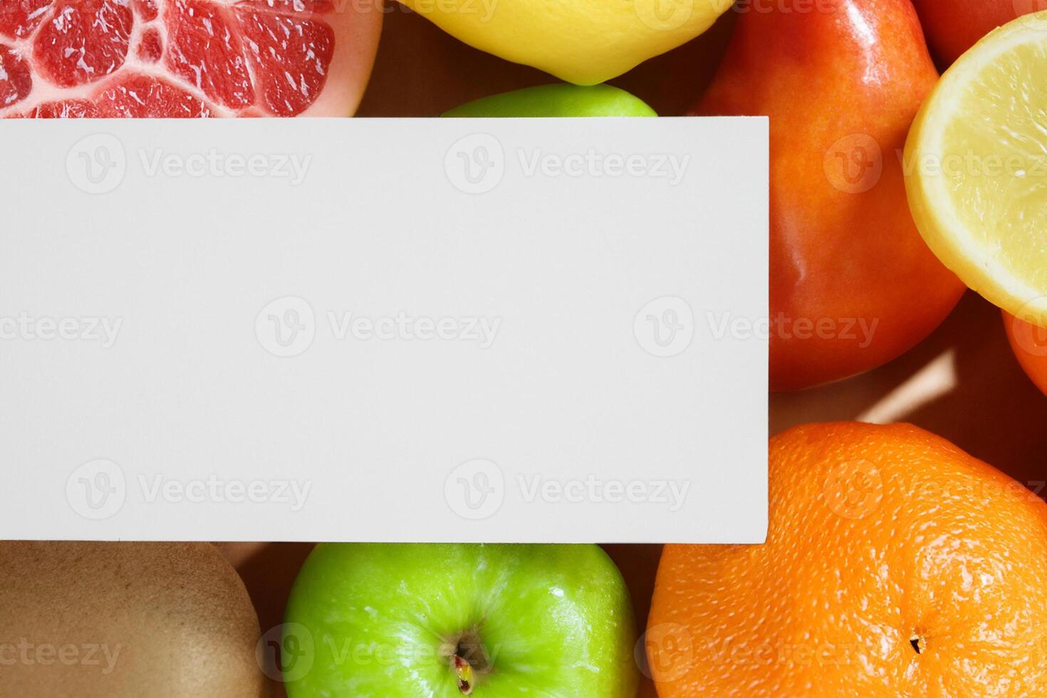 Card and White Paper Mockup Harmonized with Fresh Fruit, Crafting a Visual Symphony of Artful Design and Culinary Delight, Where Wholesome Ingredients Merge in a Feast of Vibrant Imagery photo