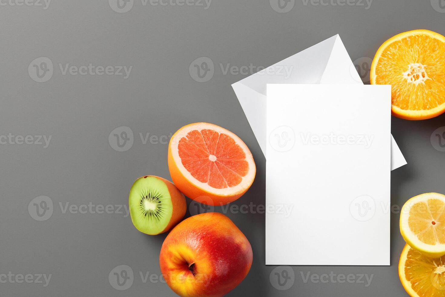 tarjeta y blanco papel Bosquejo armonizado con Fresco fruta, elaboración un visual sinfonía de ingenioso diseño y culinario deleitar, dónde saludable ingredientes unir en un banquete de vibrante imágenes foto