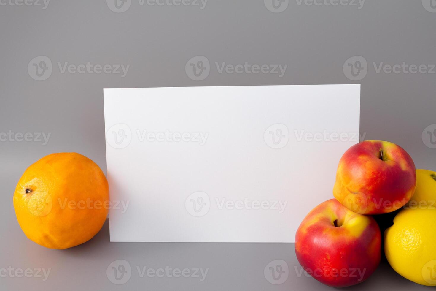 Card and White Paper Mockup Harmonized with Fresh Fruit, Crafting a Visual Symphony of Artful Design and Culinary Delight, Where Wholesome Ingredients Merge in a Feast of Vibrant Imagery photo