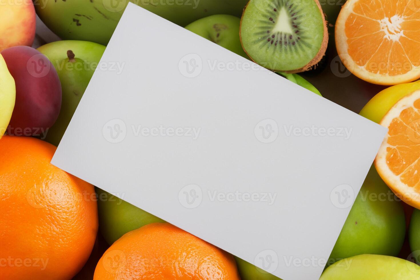 Card and White Paper Mockup Harmonized with Fresh Fruit, Crafting a Visual Symphony of Artful Design and Culinary Delight, Where Wholesome Ingredients Merge in a Feast of Vibrant Imagery photo