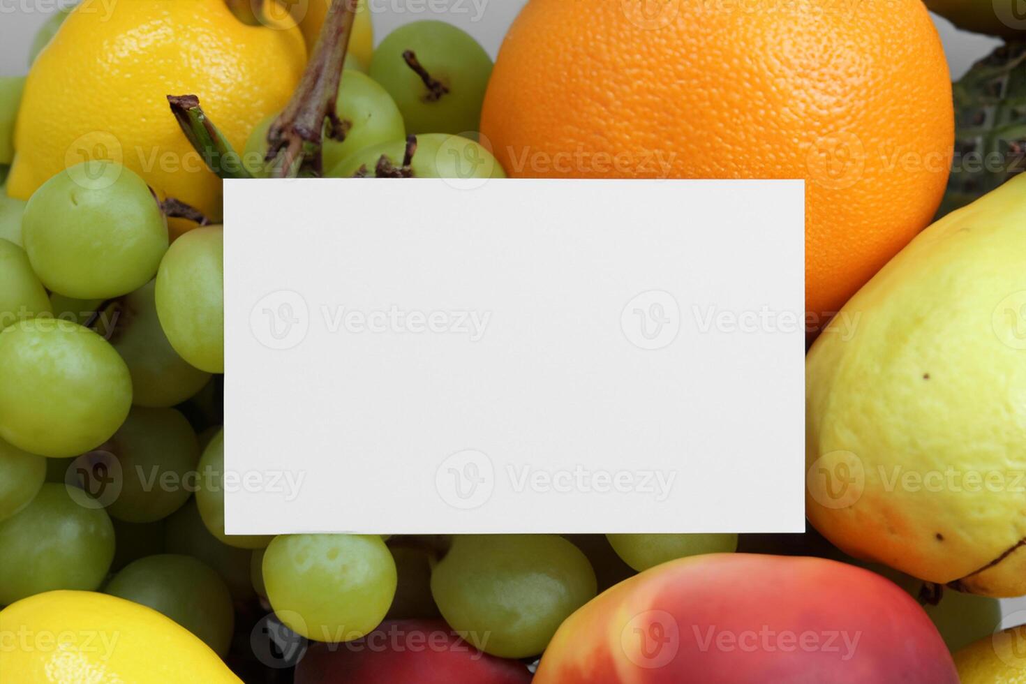 Card and White Paper Mockup Harmonized with Fresh Fruit, Crafting a Visual Symphony of Artful Design and Culinary Delight, Where Wholesome Ingredients Merge in a Feast of Vibrant Imagery photo