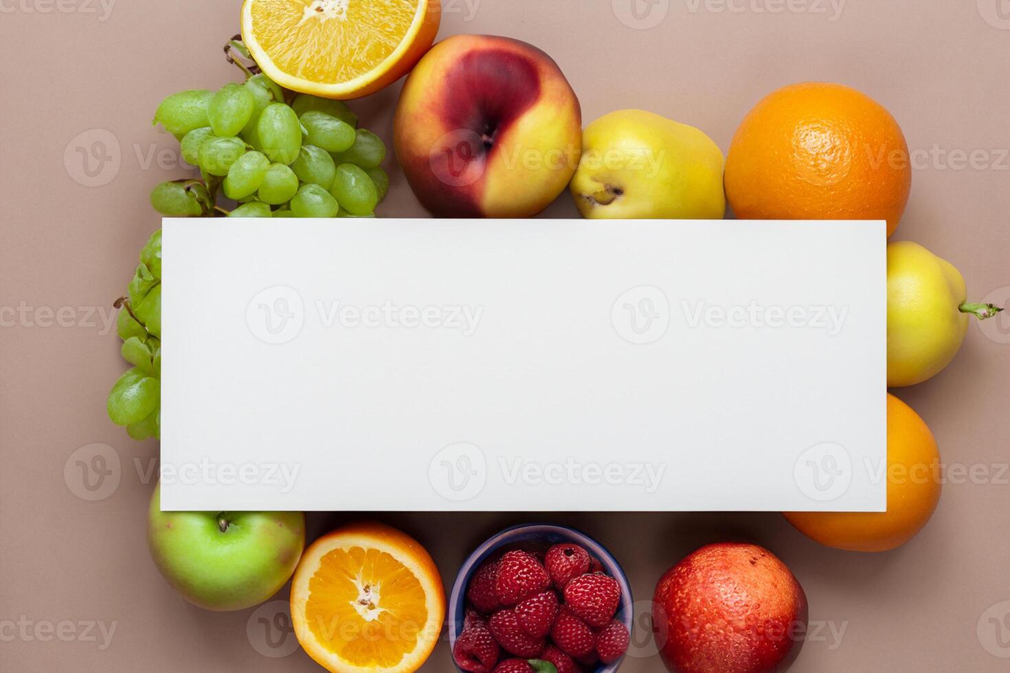 Card and White Paper Mockup Harmonized with Fresh Fruit, Crafting a Visual Symphony of Artful Design and Culinary Delight, Where Wholesome Ingredients Merge in a Feast of Vibrant Imagery photo