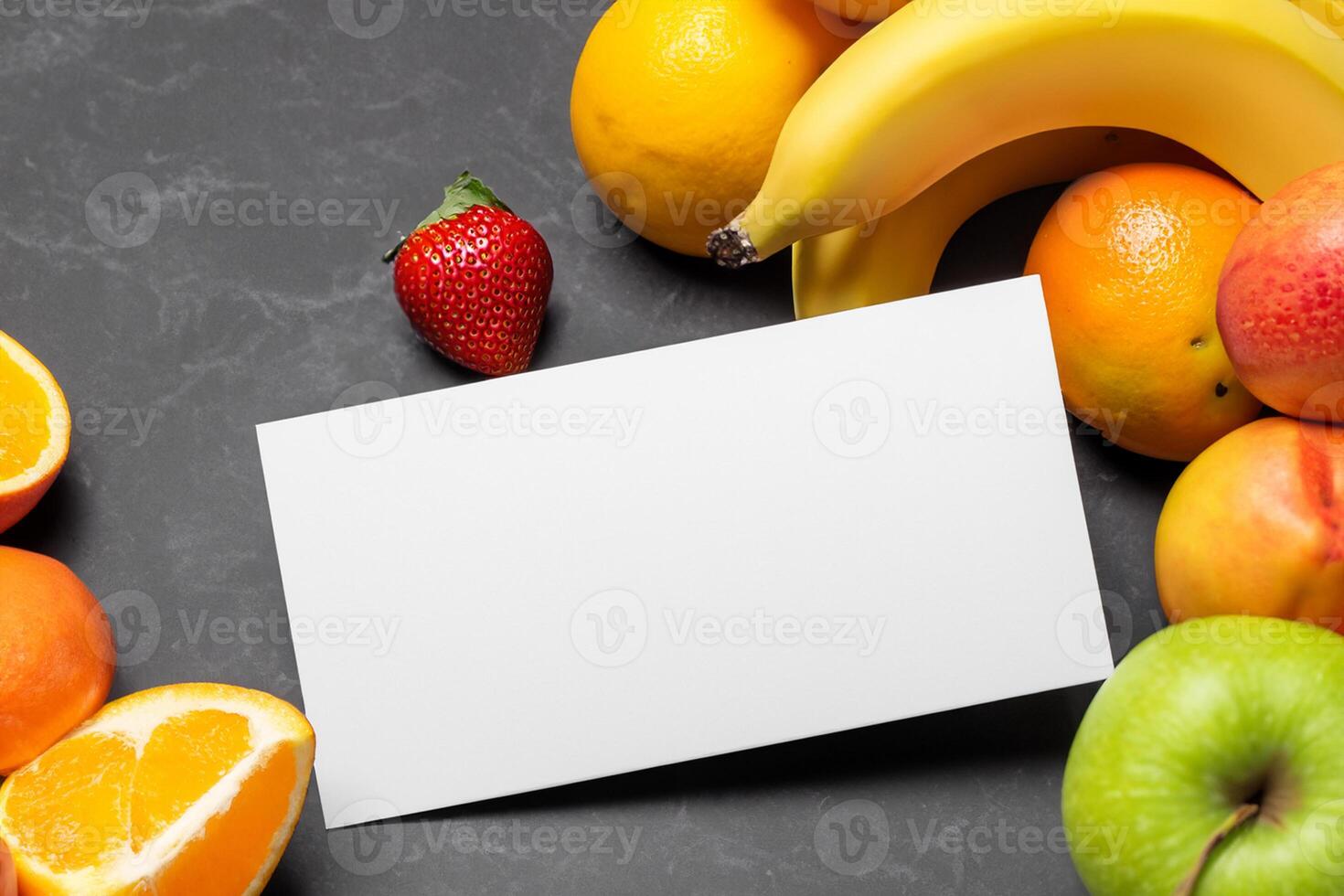 Card and White Paper Mockup Harmonized with Fresh Fruit, Crafting a Visual Symphony of Artful Design and Culinary Delight, Where Wholesome Ingredients Merge in a Feast of Vibrant Imagery photo