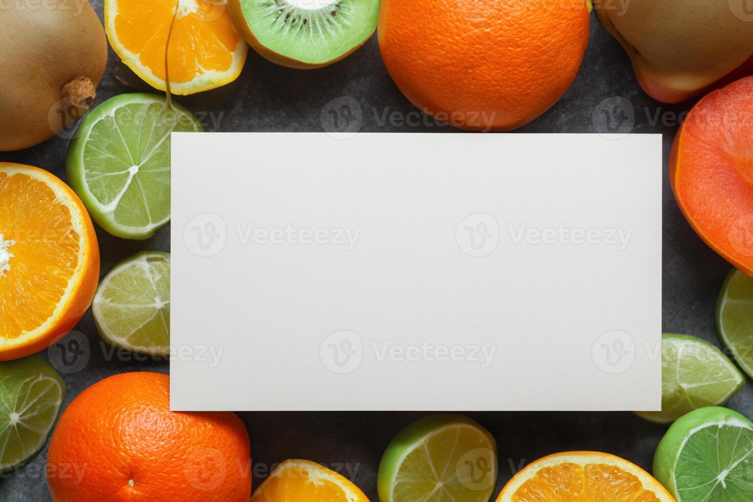 Card and White Paper Mockup Harmonized with Fresh Fruit, Crafting a Visual Symphony of Artful Design and Culinary Delight, Where Wholesome Ingredients Merge in a Feast of Vibrant Imagery photo