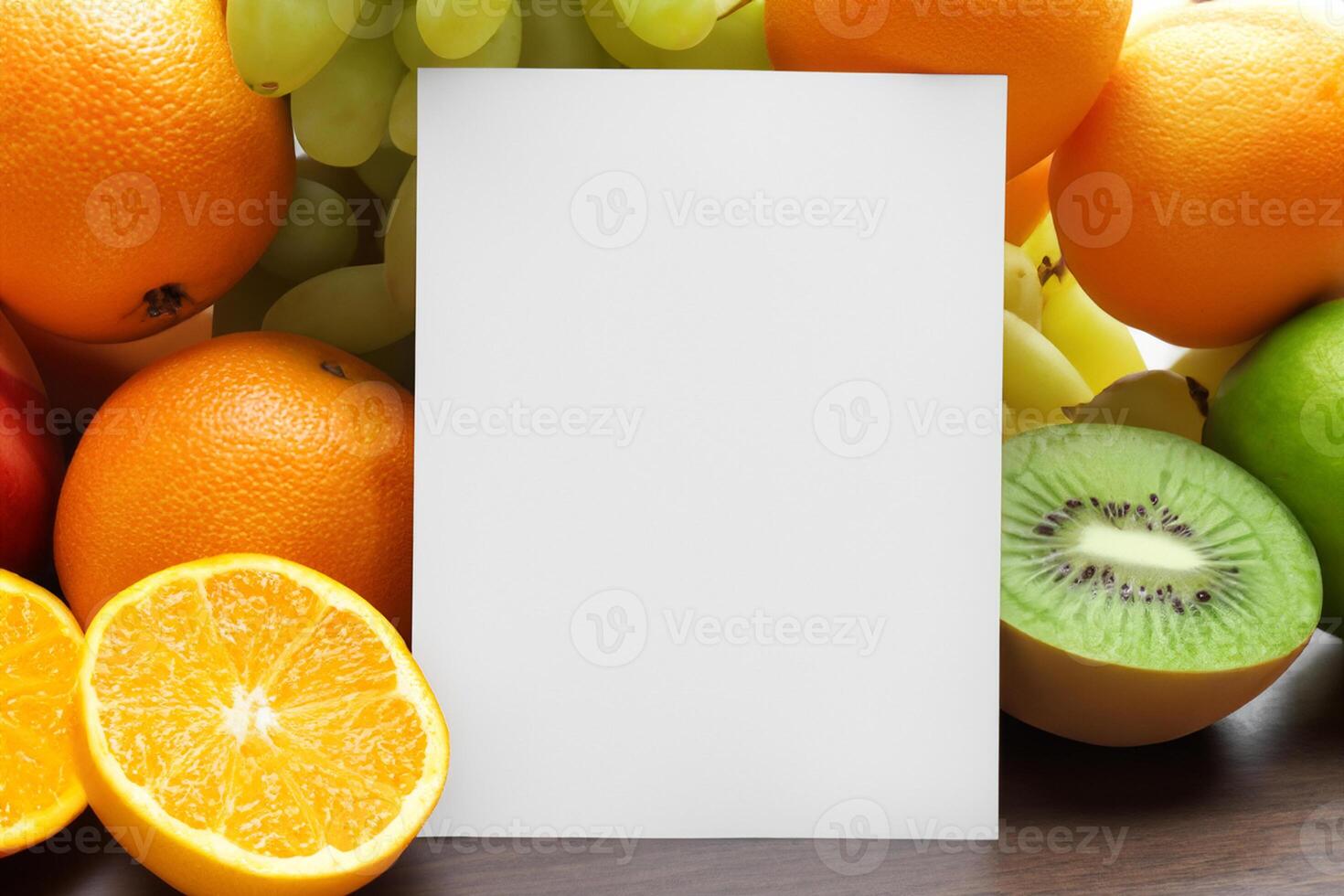 Card and White Paper Mockup Harmonized with Fresh Fruit, Crafting a Visual Symphony of Artful Design and Culinary Delight, Where Wholesome Ingredients Merge in a Feast of Vibrant Imagery photo