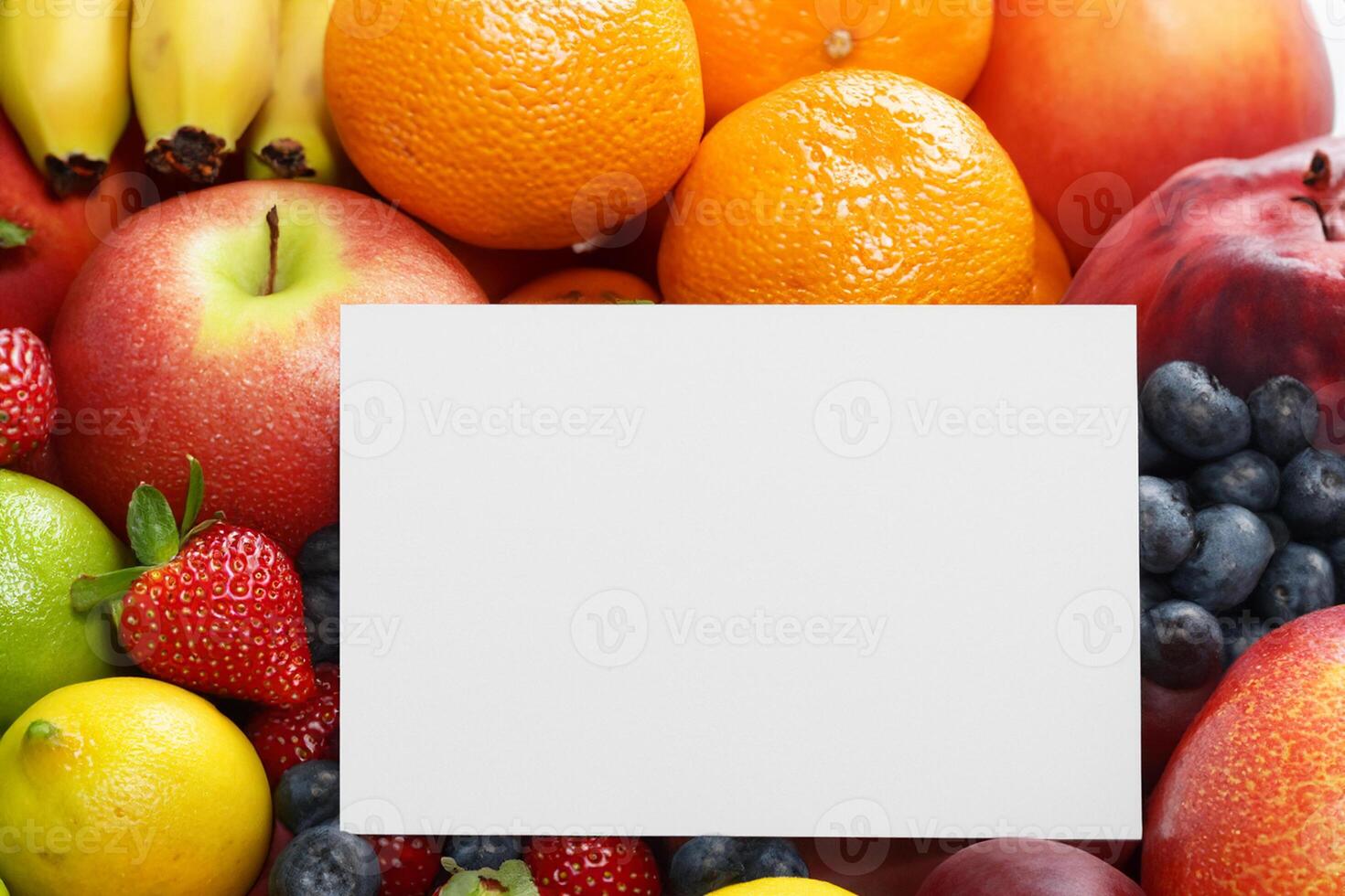 Card and White Paper Mockup Harmonized with Fresh Fruit, Crafting a Visual Symphony of Artful Design and Culinary Delight, Where Wholesome Ingredients Merge in a Feast of Vibrant Imagery photo