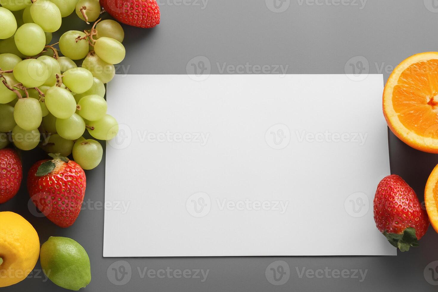 Card and White Paper Mockup Harmonized with Fresh Fruit, Crafting a Visual Symphony of Artful Design and Culinary Delight, Where Wholesome Ingredients Merge in a Feast of Vibrant Imagery photo