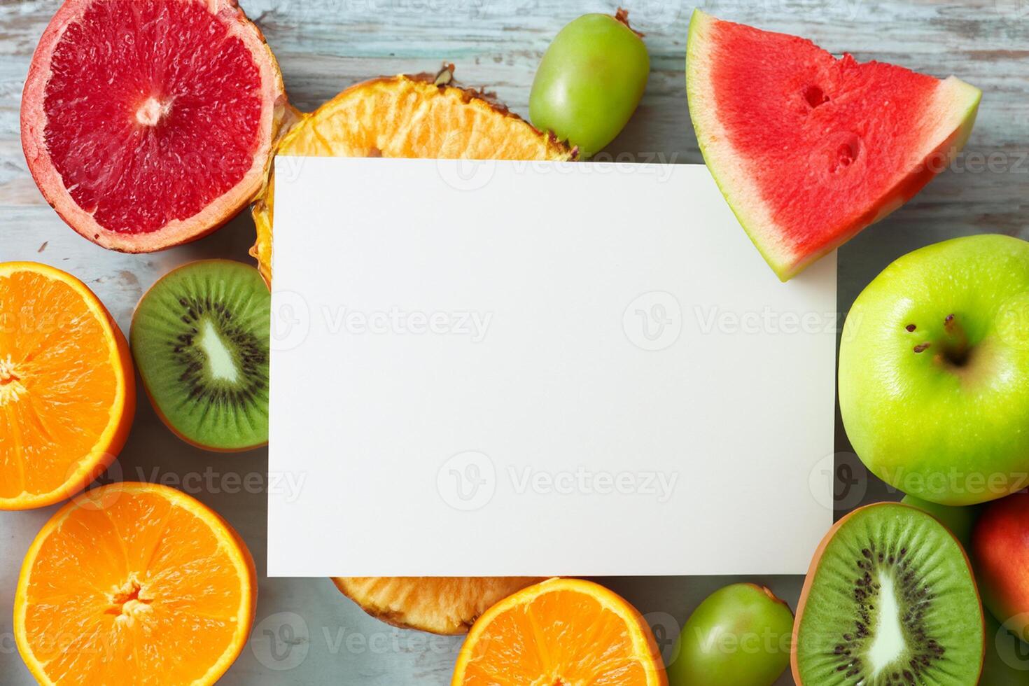 Card and White Paper Mockup Harmonized with Fresh Fruit, Crafting a Visual Symphony of Artful Design and Culinary Delight, Where Wholesome Ingredients Merge in a Feast of Vibrant Imagery photo