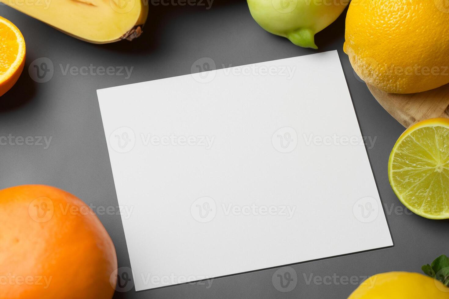 Card and White Paper Mockup Harmonized with Fresh Fruit, Crafting a Visual Symphony of Artful Design and Culinary Delight, Where Wholesome Ingredients Merge in a Feast of Vibrant Imagery photo