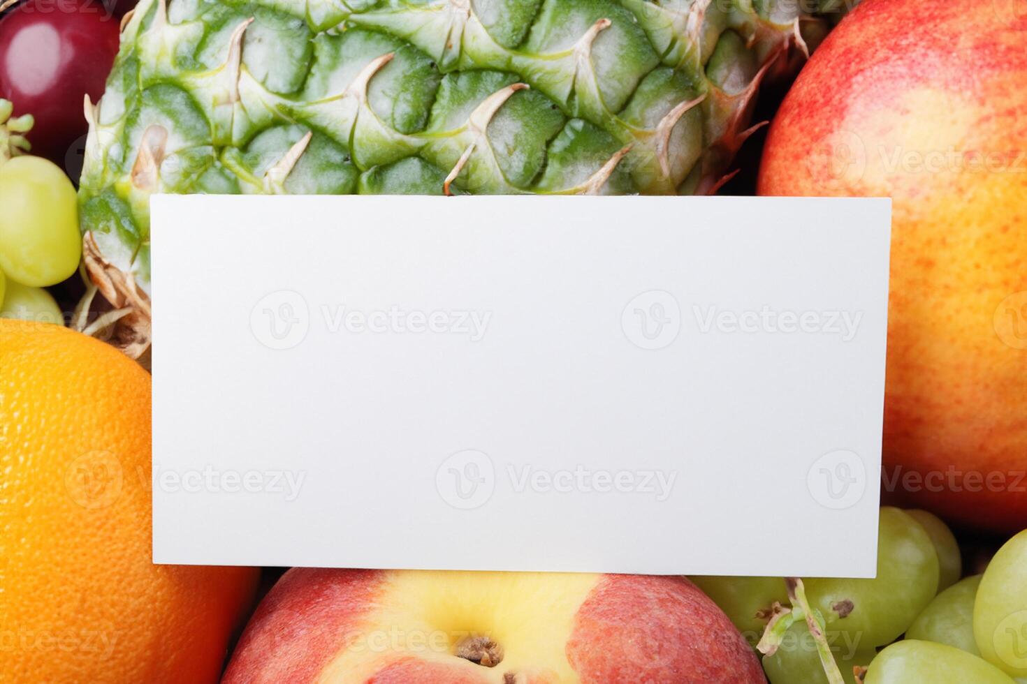 Card and White Paper Mockup Harmonized with Fresh Fruit, Crafting a Visual Symphony of Artful Design and Culinary Delight, Where Wholesome Ingredients Merge in a Feast of Vibrant Imagery photo