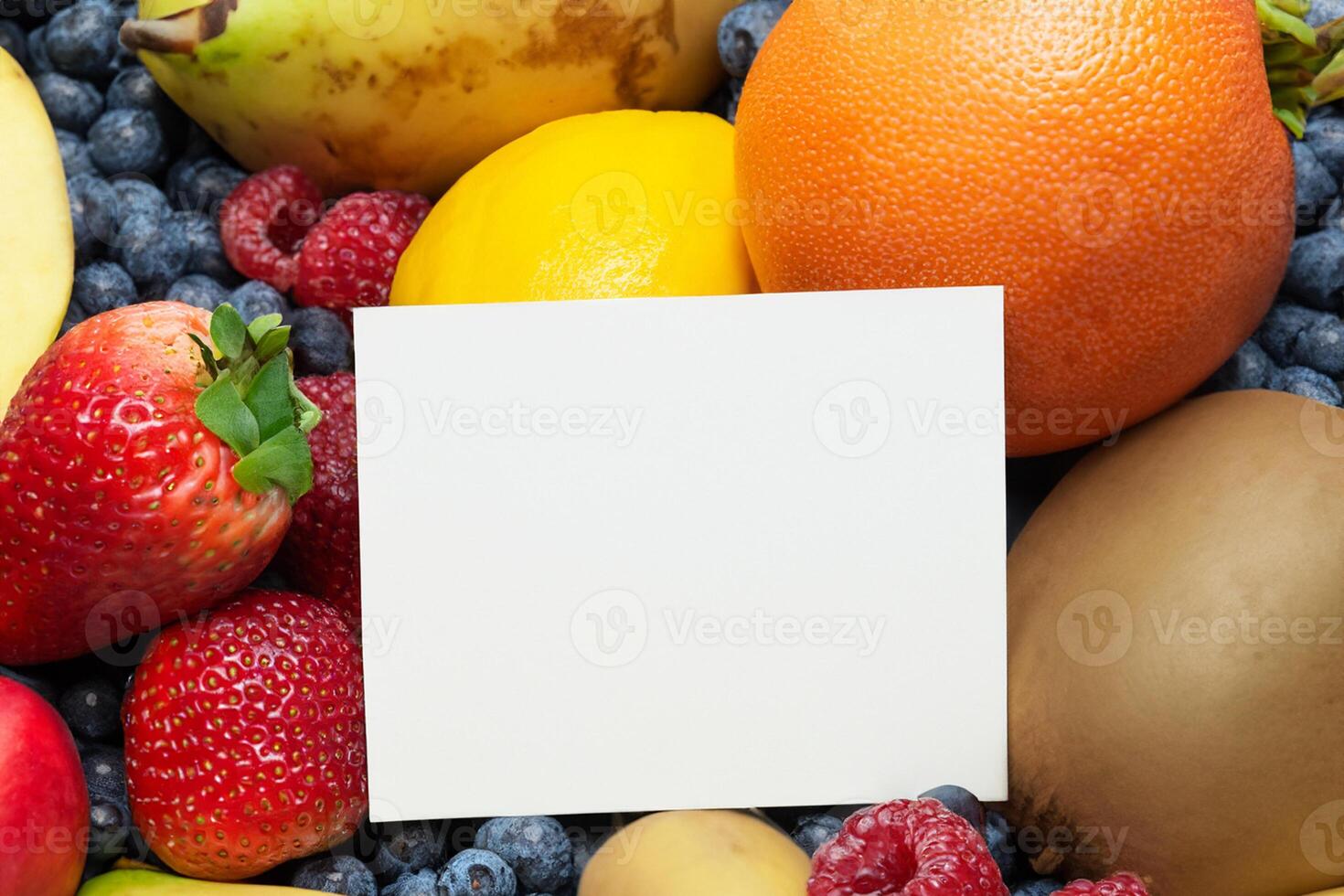 tarjeta y blanco papel Bosquejo armonizado con Fresco fruta, elaboración un visual sinfonía de ingenioso diseño y culinario deleitar, dónde saludable ingredientes unir en un banquete de vibrante imágenes foto