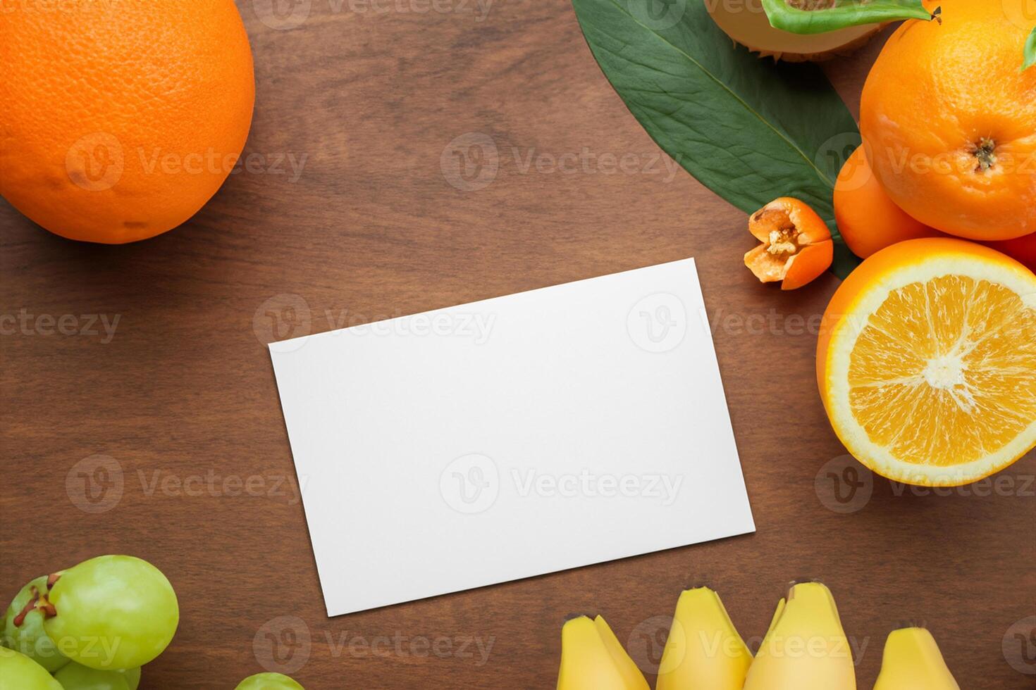 Card and White Paper Mockup Harmonized with Fresh Fruit, Crafting a Visual Symphony of Artful Design and Culinary Delight, Where Wholesome Ingredients Merge in a Feast of Vibrant Imagery photo