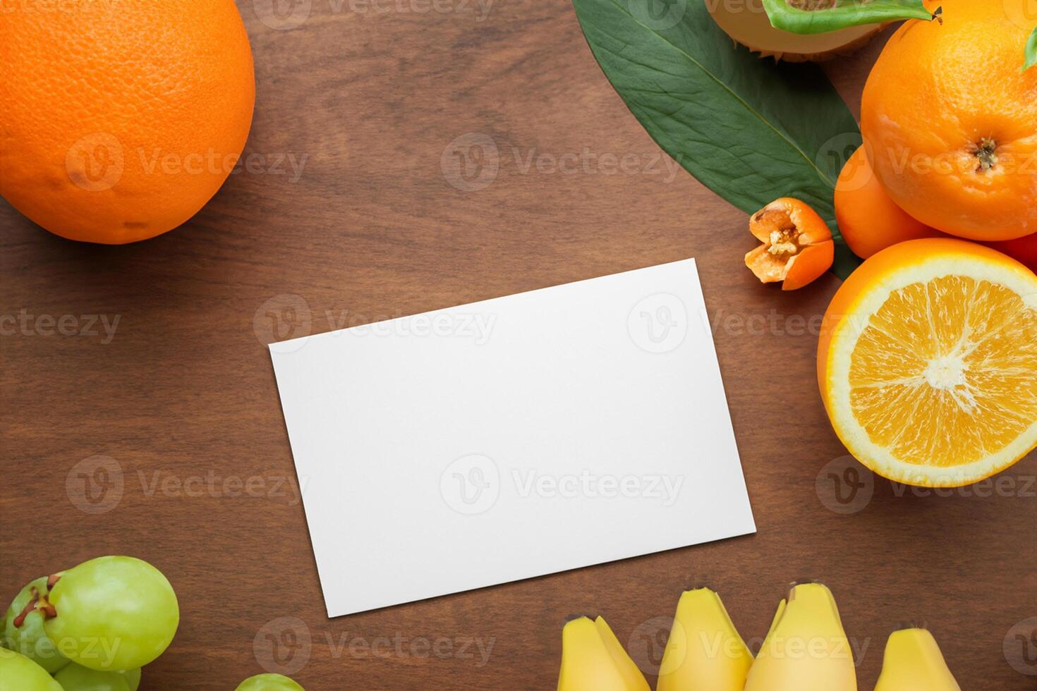 Card and White Paper Mockup Harmonized with Fresh Fruit, Crafting a Visual Symphony of Artful Design and Culinary Delight, Where Wholesome Ingredients Merge in a Feast of Vibrant Imagery photo