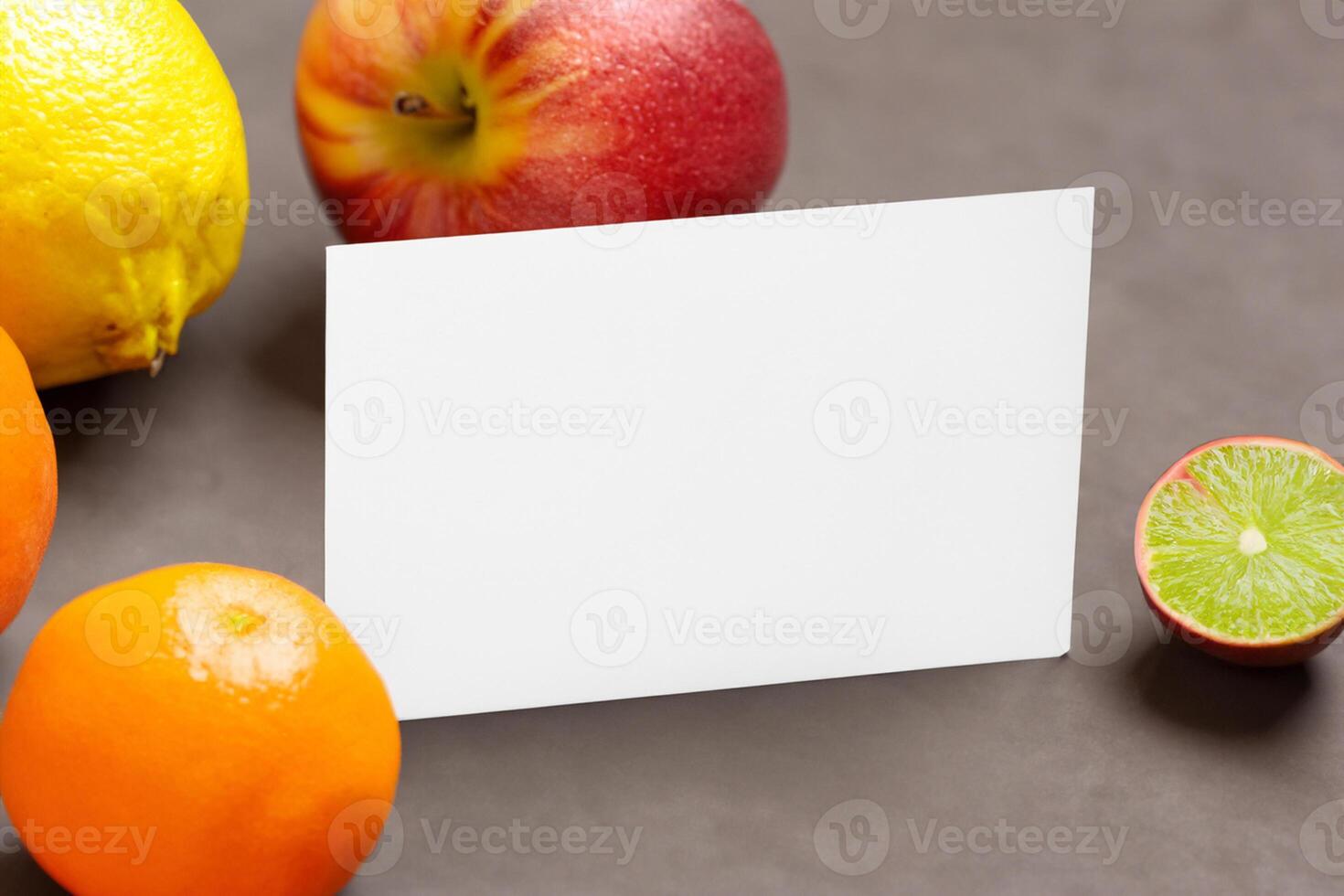 Card and White Paper Mockup Harmonized with Fresh Fruit, Crafting a Visual Symphony of Artful Design and Culinary Delight, Where Wholesome Ingredients Merge in a Feast of Vibrant Imagery photo