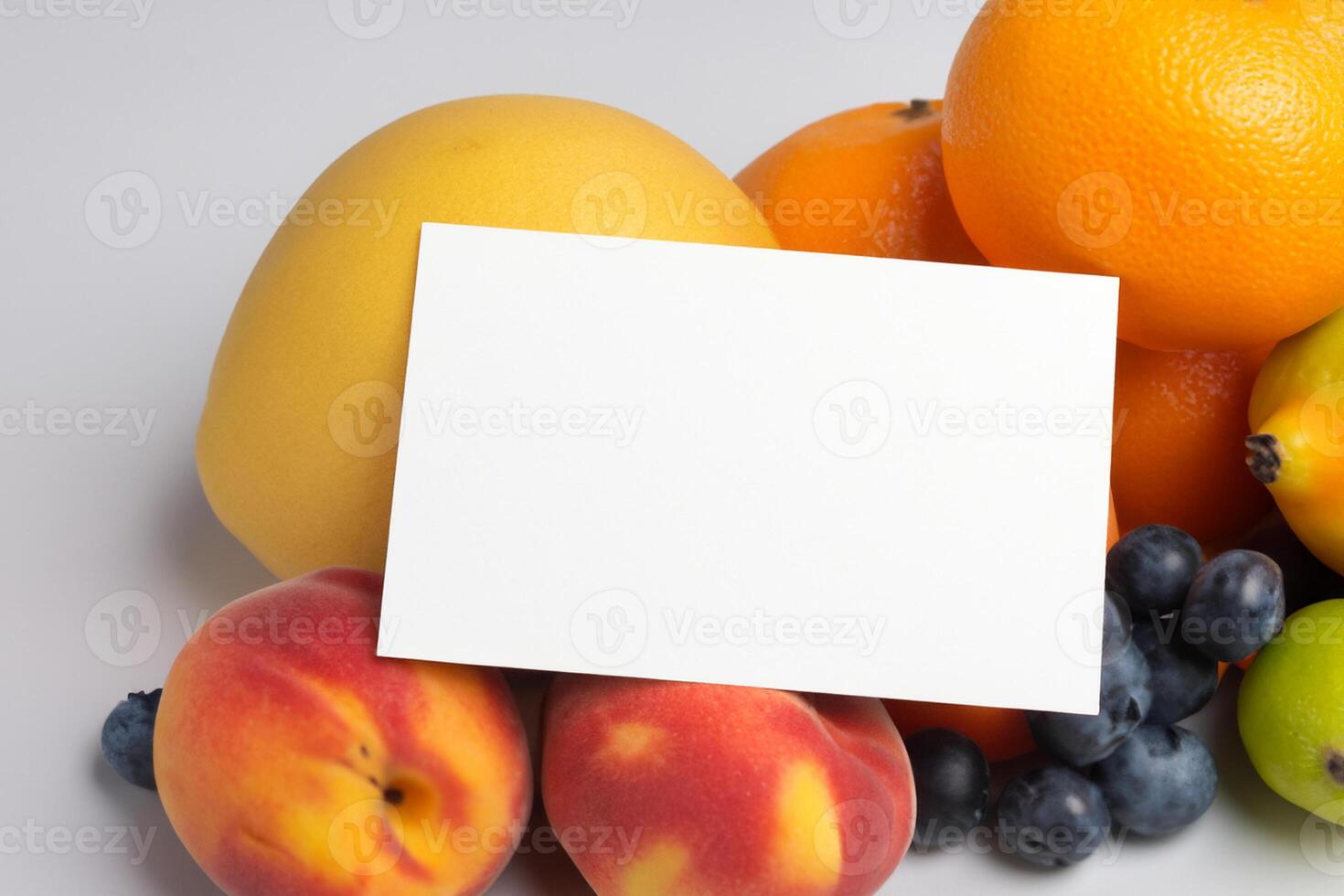 tarjeta y blanco papel Bosquejo armonizado con Fresco fruta, elaboración un visual sinfonía de ingenioso diseño y culinario deleitar, dónde saludable ingredientes unir en un banquete de vibrante imágenes foto