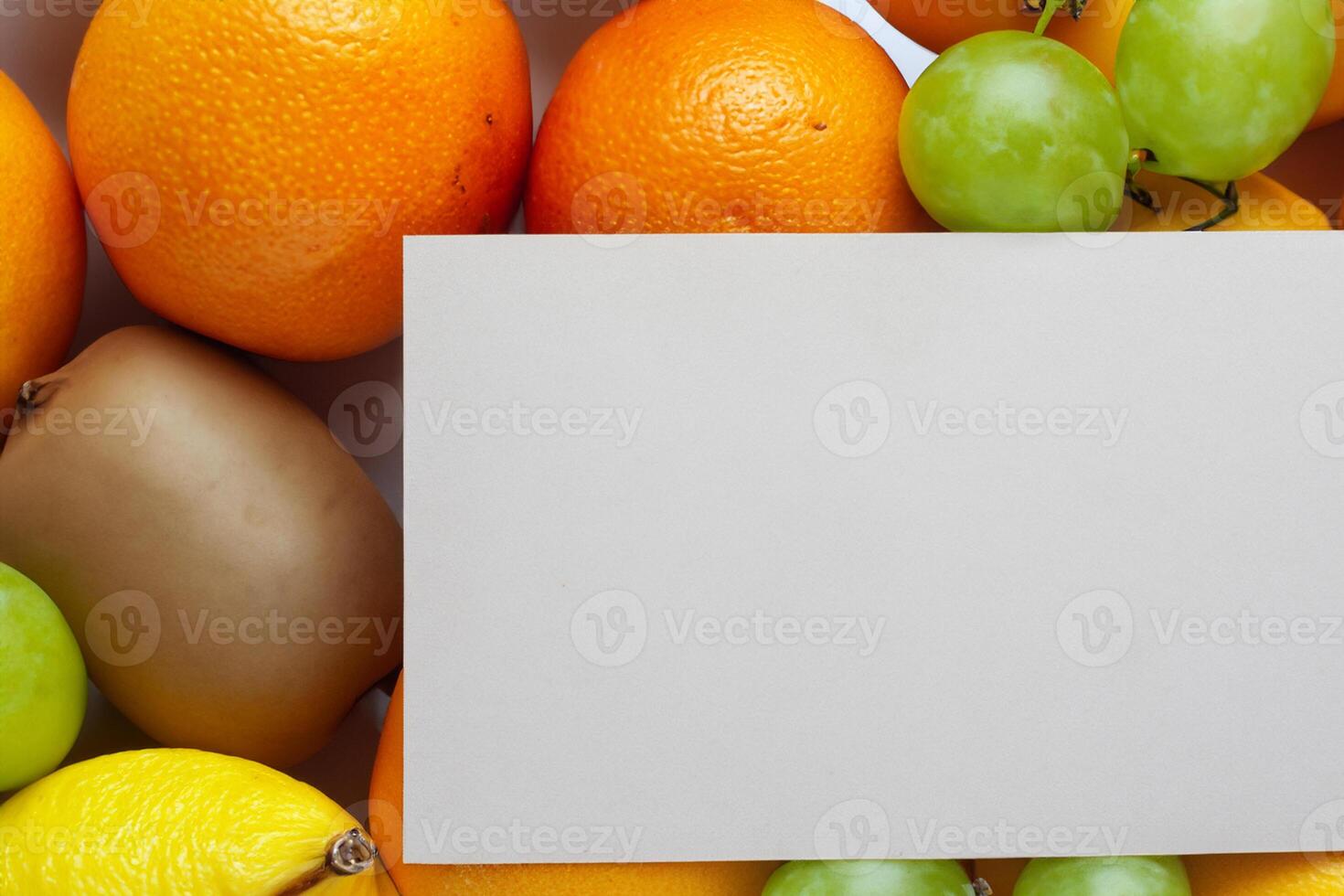 Card and White Paper Mockup Harmonized with Fresh Fruit, Crafting a Visual Symphony of Artful Design and Culinary Delight, Where Wholesome Ingredients Merge in a Feast of Vibrant Imagery photo