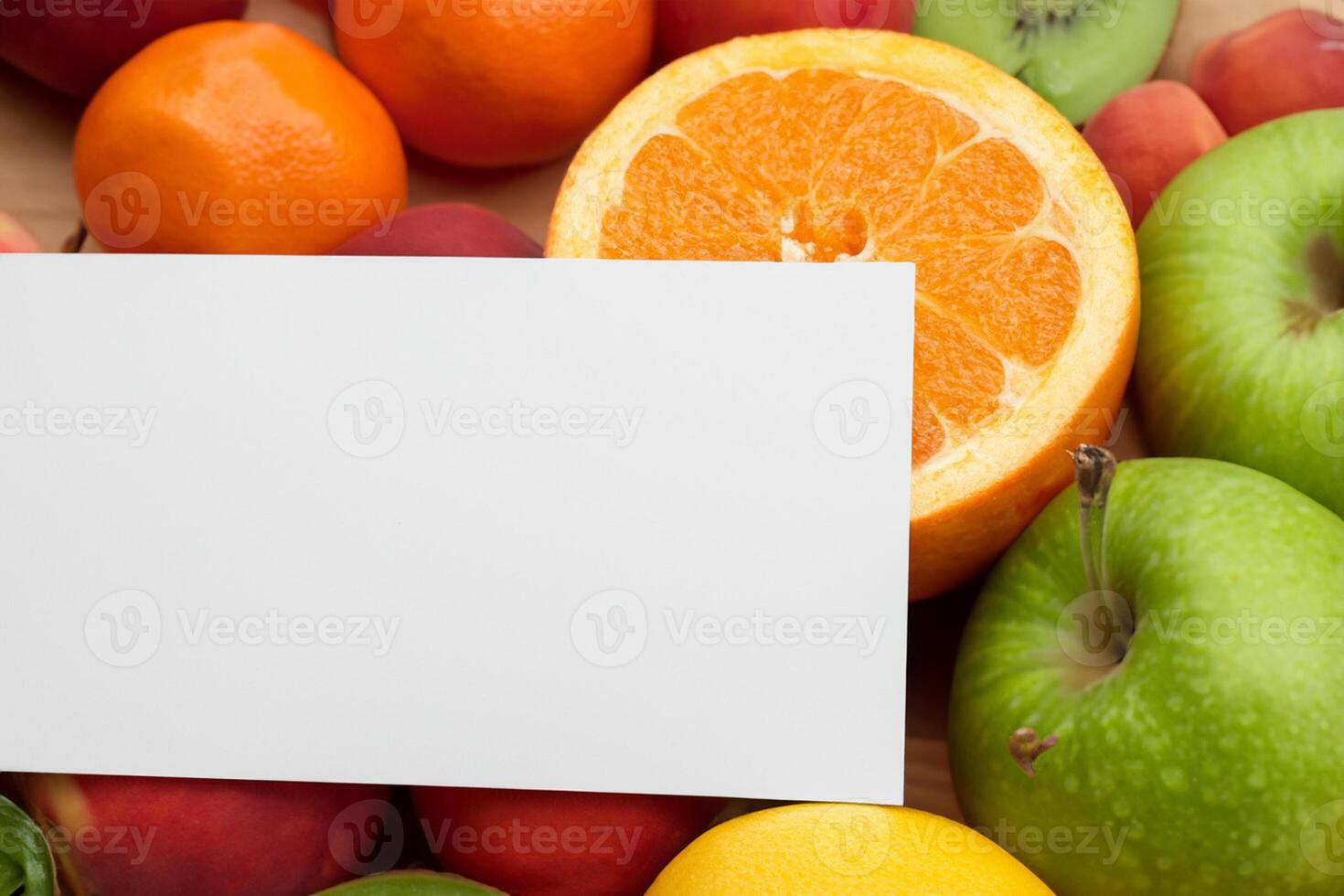 Card and White Paper Mockup Harmonized with Fresh Fruit, Crafting a Visual Symphony of Artful Design and Culinary Delight, Where Wholesome Ingredients Merge in a Feast of Vibrant Imagery photo