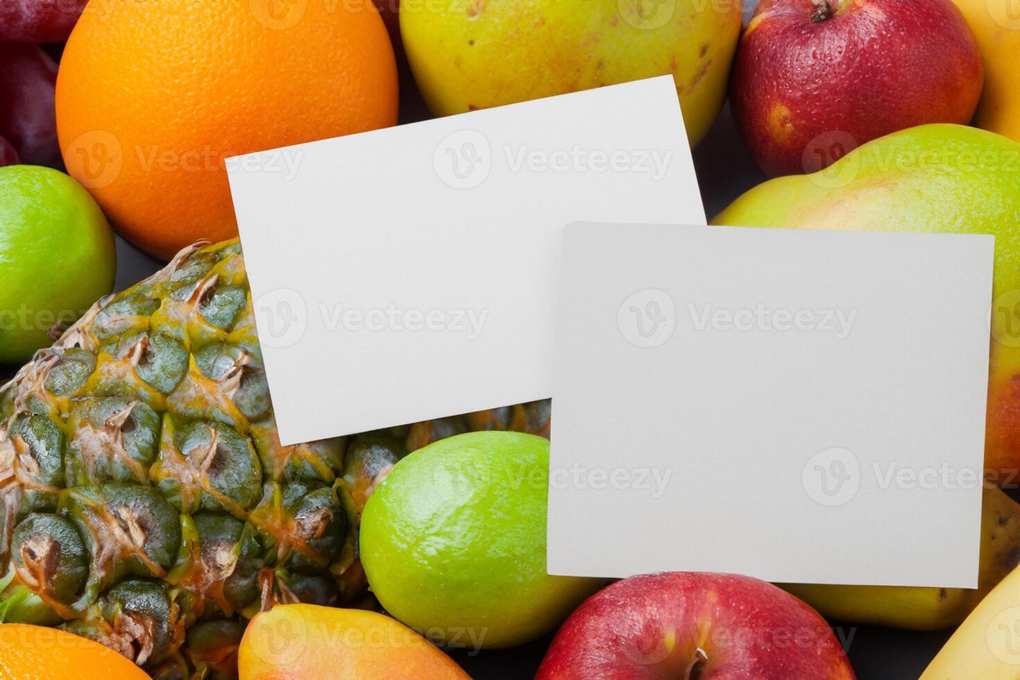 Card and White Paper Mockup Harmonized with Fresh Fruit, Crafting a Visual Symphony of Artful Design and Culinary Delight, Where Wholesome Ingredients Merge in a Feast of Vibrant Imagery photo