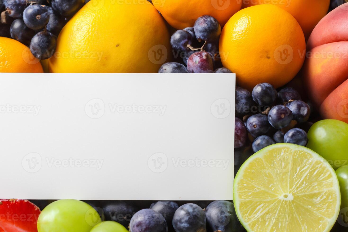 Card and White Paper Mockup Harmonized with Fresh Fruit, Crafting a Visual Symphony of Artful Design and Culinary Delight, Where Wholesome Ingredients Merge in a Feast of Vibrant Imagery photo