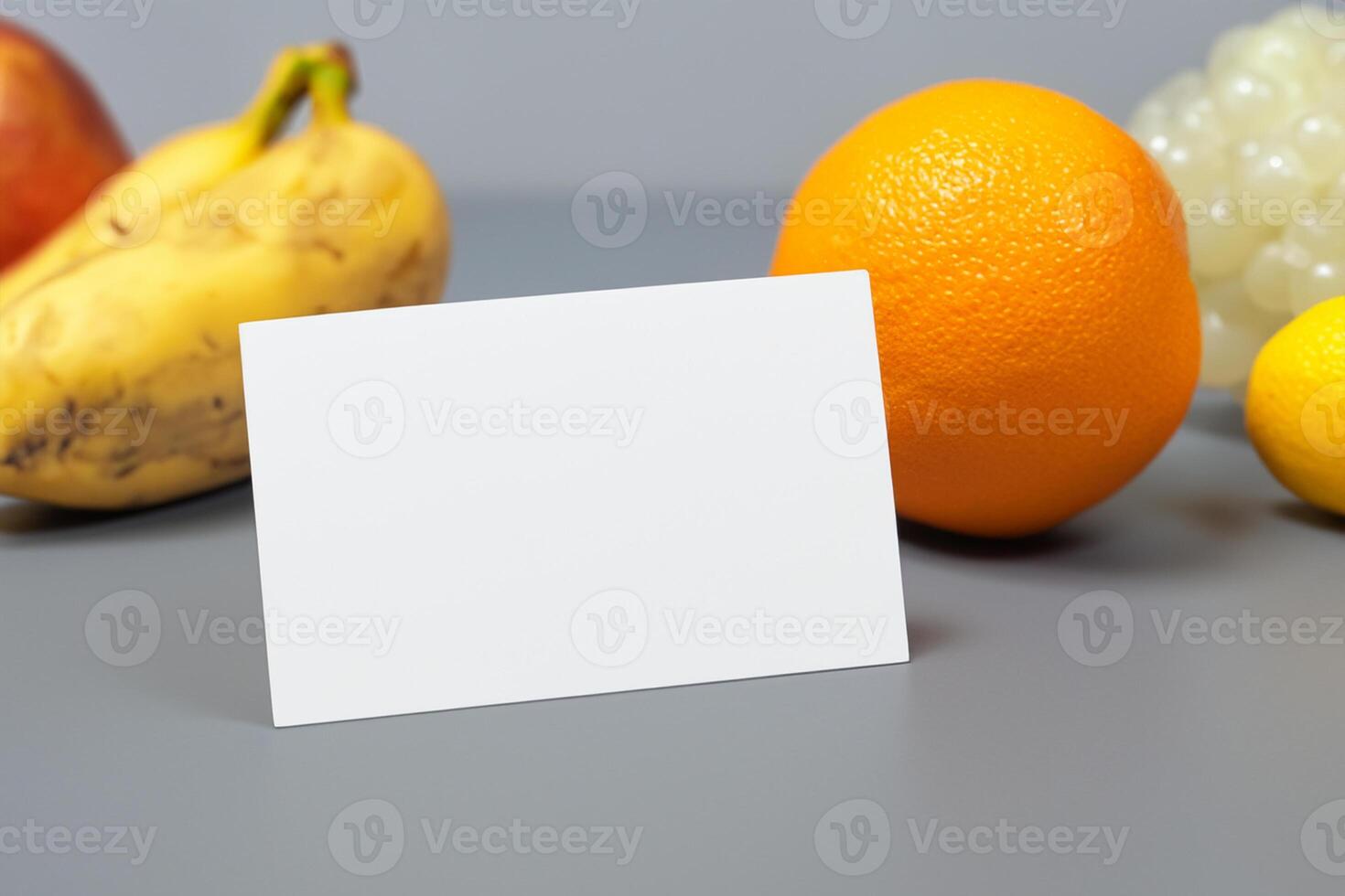 Card and White Paper Mockup Harmonized with Fresh Fruit, Crafting a Visual Symphony of Artful Design and Culinary Delight, Where Wholesome Ingredients Merge in a Feast of Vibrant Imagery photo