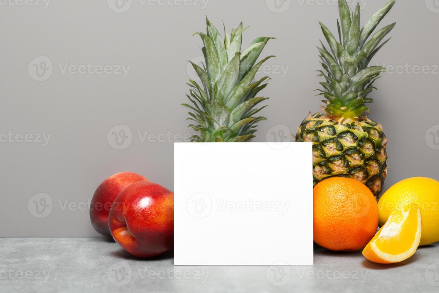 Card and White Paper Mockup Harmonized with Fresh Fruit, Crafting a Visual Symphony of Artful Design and Culinary Delight, Where Wholesome Ingredients Merge in a Feast of Vibrant Imagery photo