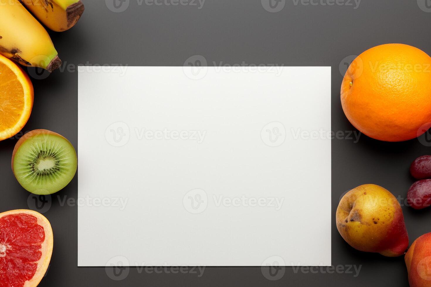 Card and White Paper Mockup Harmonized with Fresh Fruit, Crafting a Visual Symphony of Artful Design and Culinary Delight, Where Wholesome Ingredients Merge in a Feast of Vibrant Imagery photo