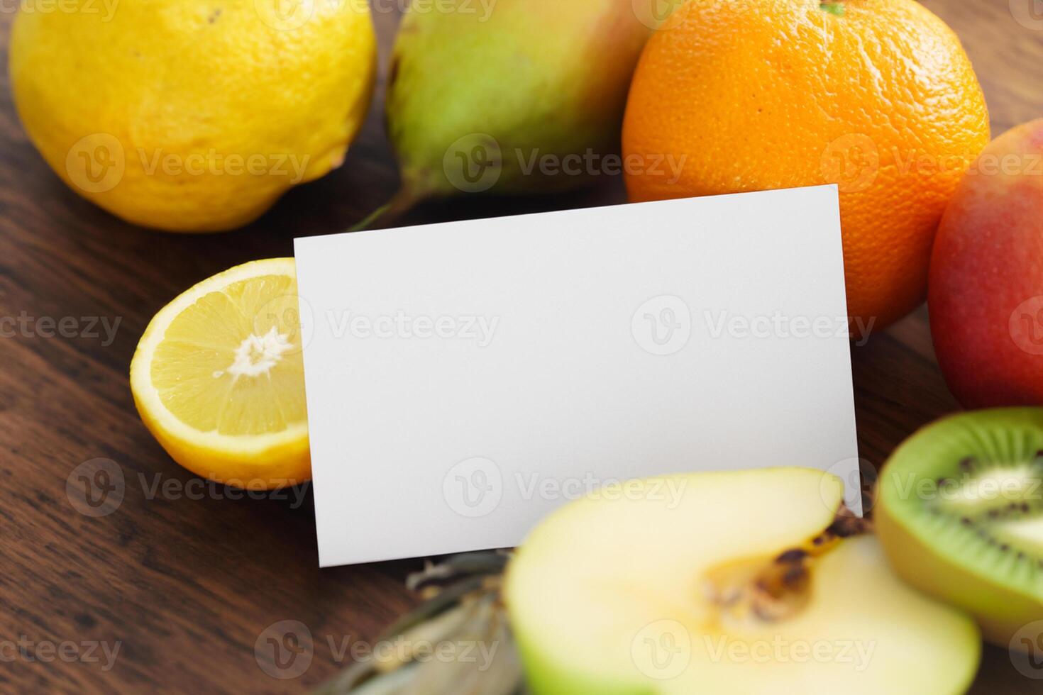 Card and White Paper Mockup Harmonized with Fresh Fruit, Crafting a Visual Symphony of Artful Design and Culinary Delight, Where Wholesome Ingredients Merge in a Feast of Vibrant Imagery photo