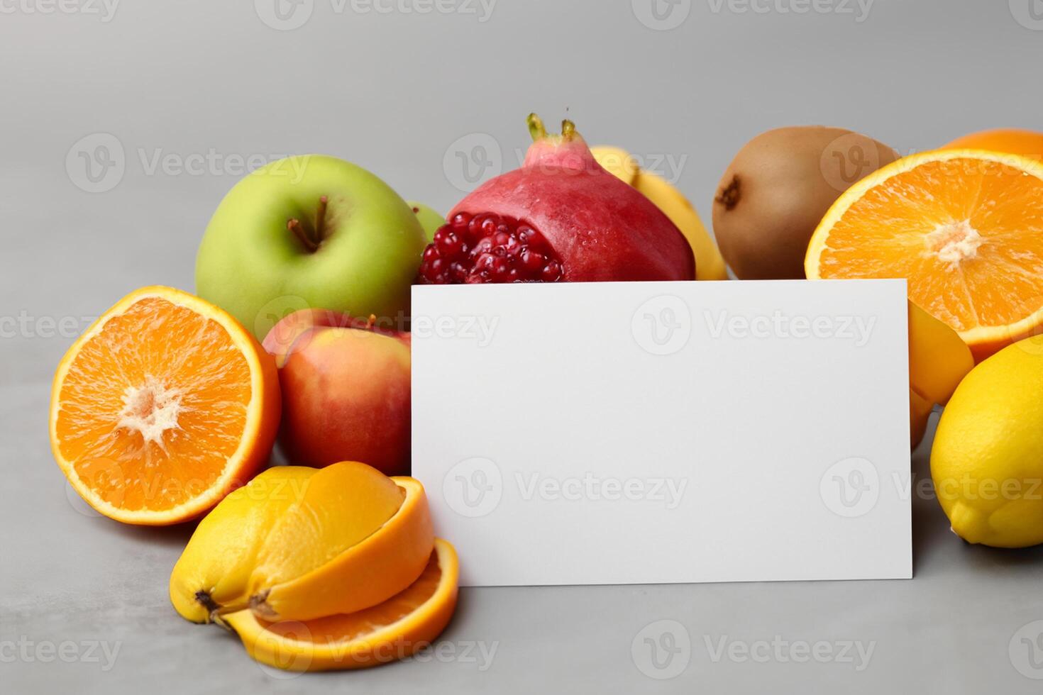 Card and White Paper Mockup Harmonized with Fresh Fruit, Crafting a Visual Symphony of Artful Design and Culinary Delight, Where Wholesome Ingredients Merge in a Feast of Vibrant Imagery photo