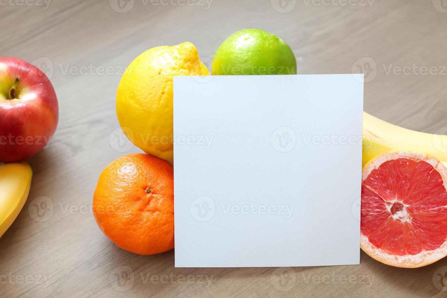 Card and White Paper Mockup Harmonized with Fresh Fruit, Crafting a Visual Symphony of Artful Design and Culinary Delight, Where Wholesome Ingredients Merge in a Feast of Vibrant Imagery photo