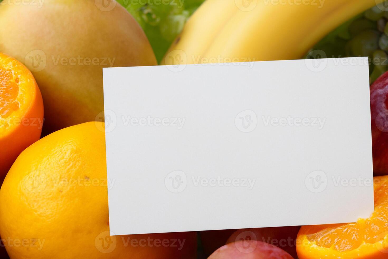 Card and White Paper Mockup Harmonized with Fresh Fruit, Crafting a Visual Symphony of Artful Design and Culinary Delight, Where Wholesome Ingredients Merge in a Feast of Vibrant Imagery photo