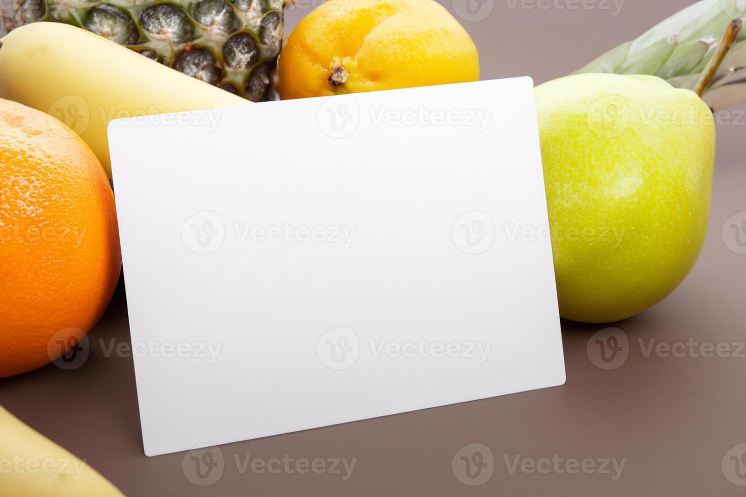 Card and White Paper Mockup Harmonized with Fresh Fruit, Crafting a Visual Symphony of Artful Design and Culinary Delight, Where Wholesome Ingredients Merge in a Feast of Vibrant Imagery photo