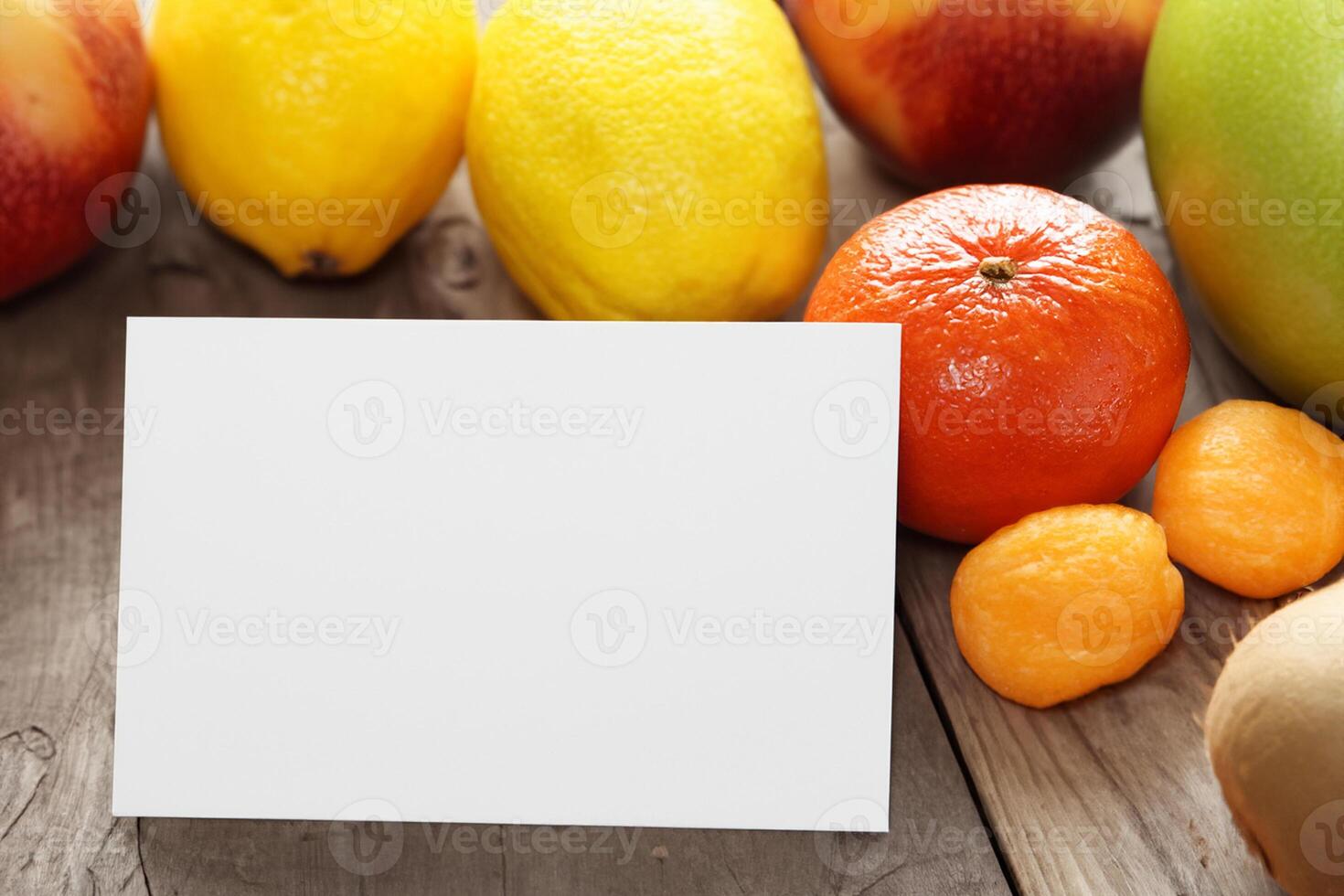 Card and White Paper Mockup Harmonized with Fresh Fruit, Crafting a Visual Symphony of Artful Design and Culinary Delight, Where Wholesome Ingredients Merge in a Feast of Vibrant Imagery photo