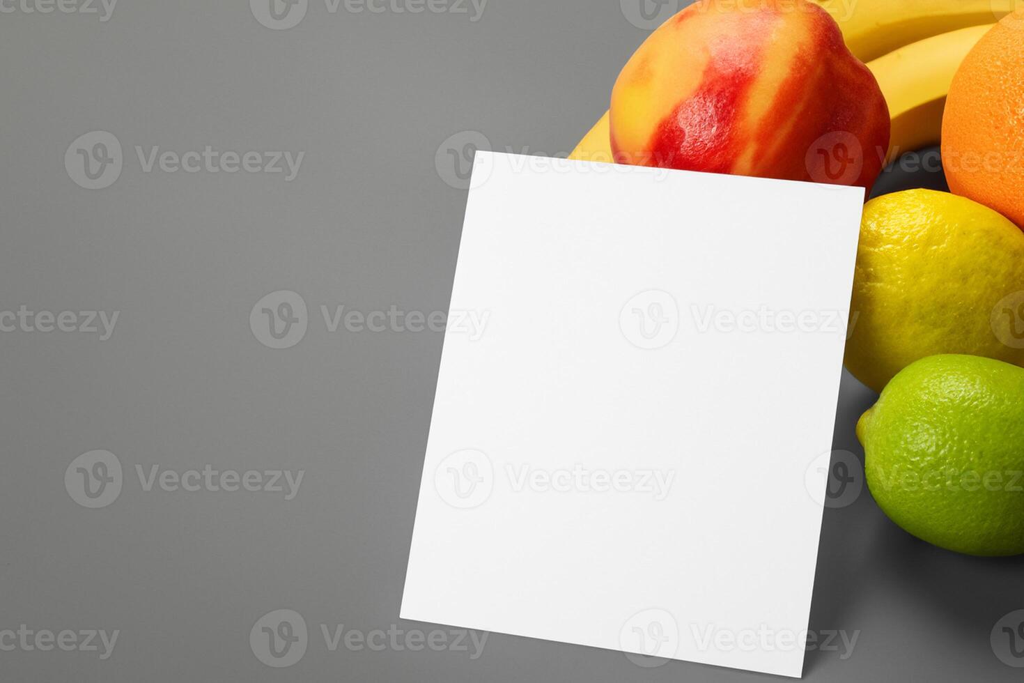 Card and White Paper Mockup Harmonized with Fresh Fruit, Crafting a Visual Symphony of Artful Design and Culinary Delight, Where Wholesome Ingredients Merge in a Feast of Vibrant Imagery photo