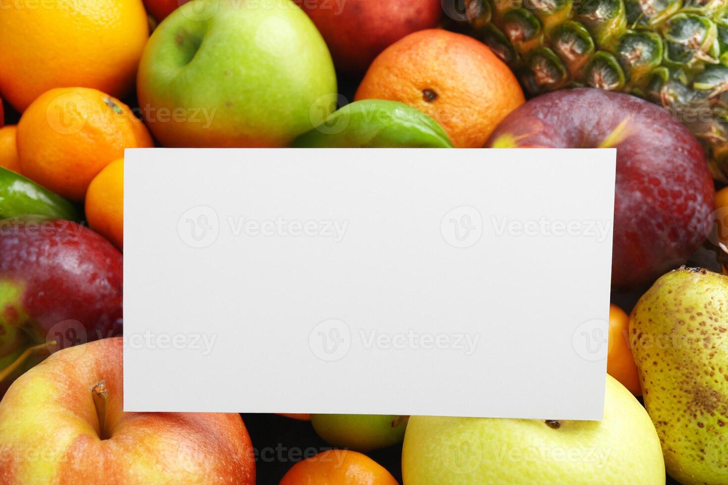 Card and White Paper Mockup Harmonized with Fresh Fruit, Crafting a Visual Symphony of Artful Design and Culinary Delight, Where Wholesome Ingredients Merge in a Feast of Vibrant Imagery photo