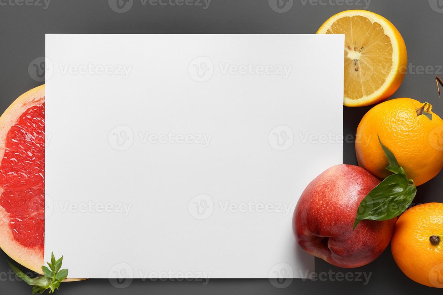 tarjeta y blanco papel Bosquejo armonizado con Fresco fruta, elaboración un visual sinfonía de ingenioso diseño y culinario deleitar, dónde saludable ingredientes unir en un banquete de vibrante imágenes foto