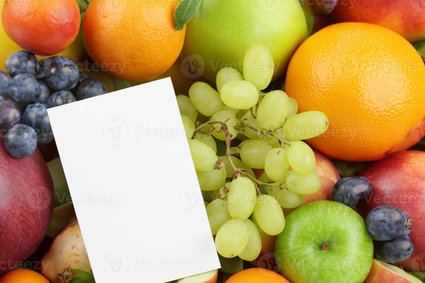 tarjeta y blanco papel Bosquejo armonizado con Fresco fruta, elaboración un visual sinfonía de ingenioso diseño y culinario deleitar, dónde saludable ingredientes unir en un banquete de vibrante imágenes foto