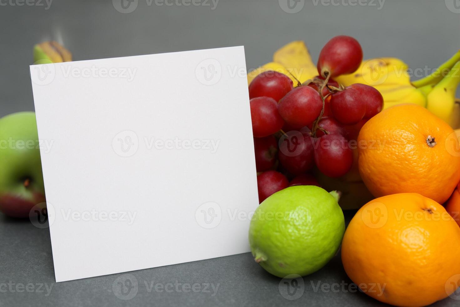 Card and White Paper Mockup Harmonized with Fresh Fruit, Crafting a Visual Symphony of Artful Design and Culinary Delight, Where Wholesome Ingredients Merge in a Feast of Vibrant Imagery photo