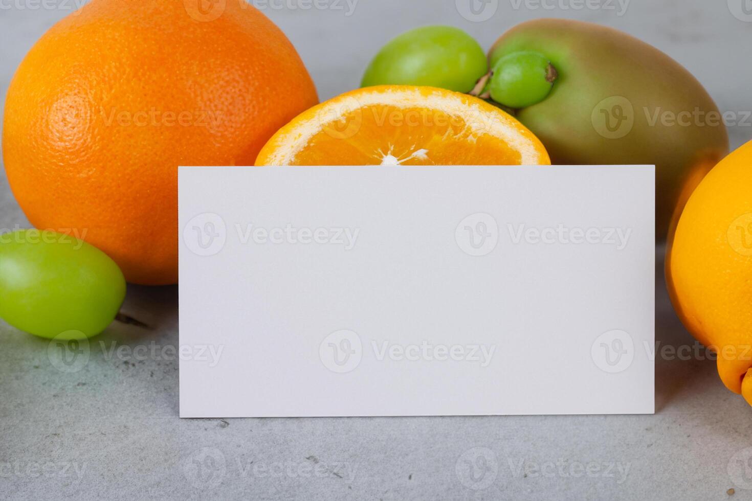 Card and White Paper Mockup Harmonized with Fresh Fruit, Crafting a Visual Symphony of Artful Design and Culinary Delight, Where Wholesome Ingredients Merge in a Feast of Vibrant Imagery photo