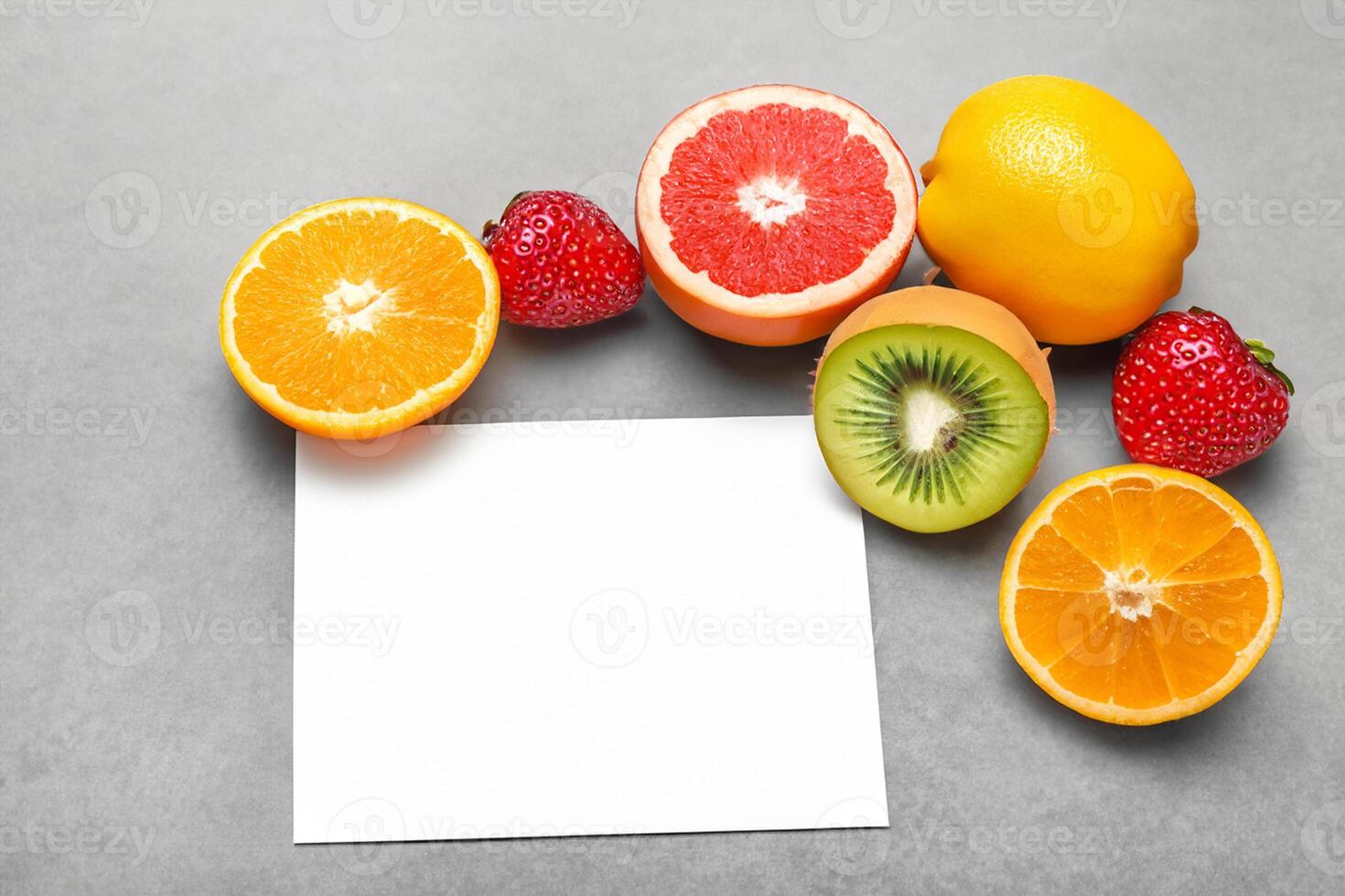 Card and White Paper Mockup Harmonized with Fresh Fruit, Crafting a Visual Symphony of Artful Design and Culinary Delight, Where Wholesome Ingredients Merge in a Feast of Vibrant Imagery photo
