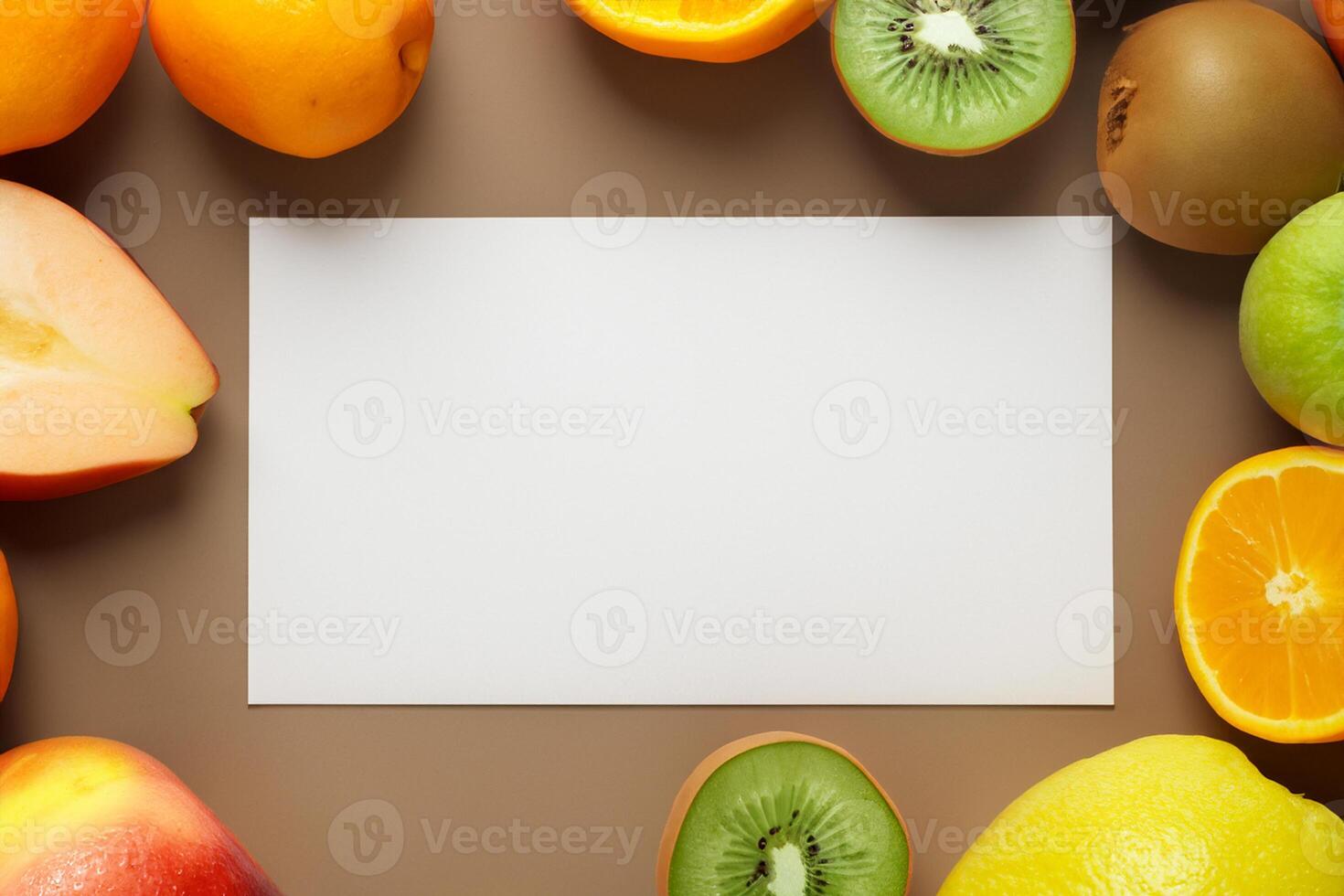 Card and White Paper Mockup Harmonized with Fresh Fruit, Crafting a Visual Symphony of Artful Design and Culinary Delight, Where Wholesome Ingredients Merge in a Feast of Vibrant Imagery photo